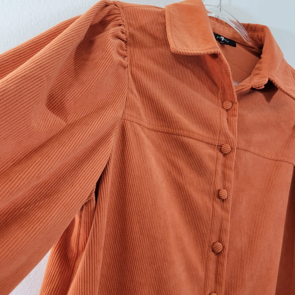 7 FOR ALL MANKIND rust colored corduroy puff sleeve button front jacket dress - Picture 6 of 11